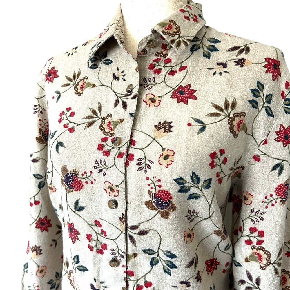 Talbots Women's M Linen Blouse Beige Floral Print Irish Linen